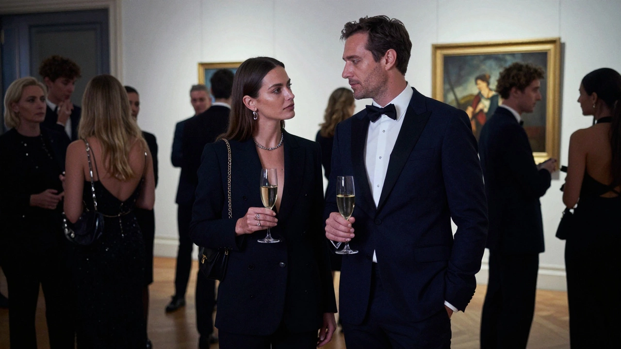 A professional woman in a suit accompanies a client at an art gallery event in Paris, both engaged in thoughtful dialogue.
