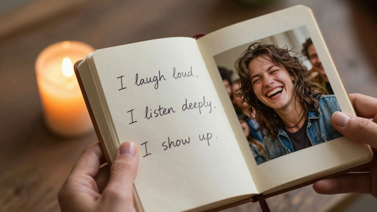 Hands holding a journal with handwritten affirmations beside a photo of someone laughing.