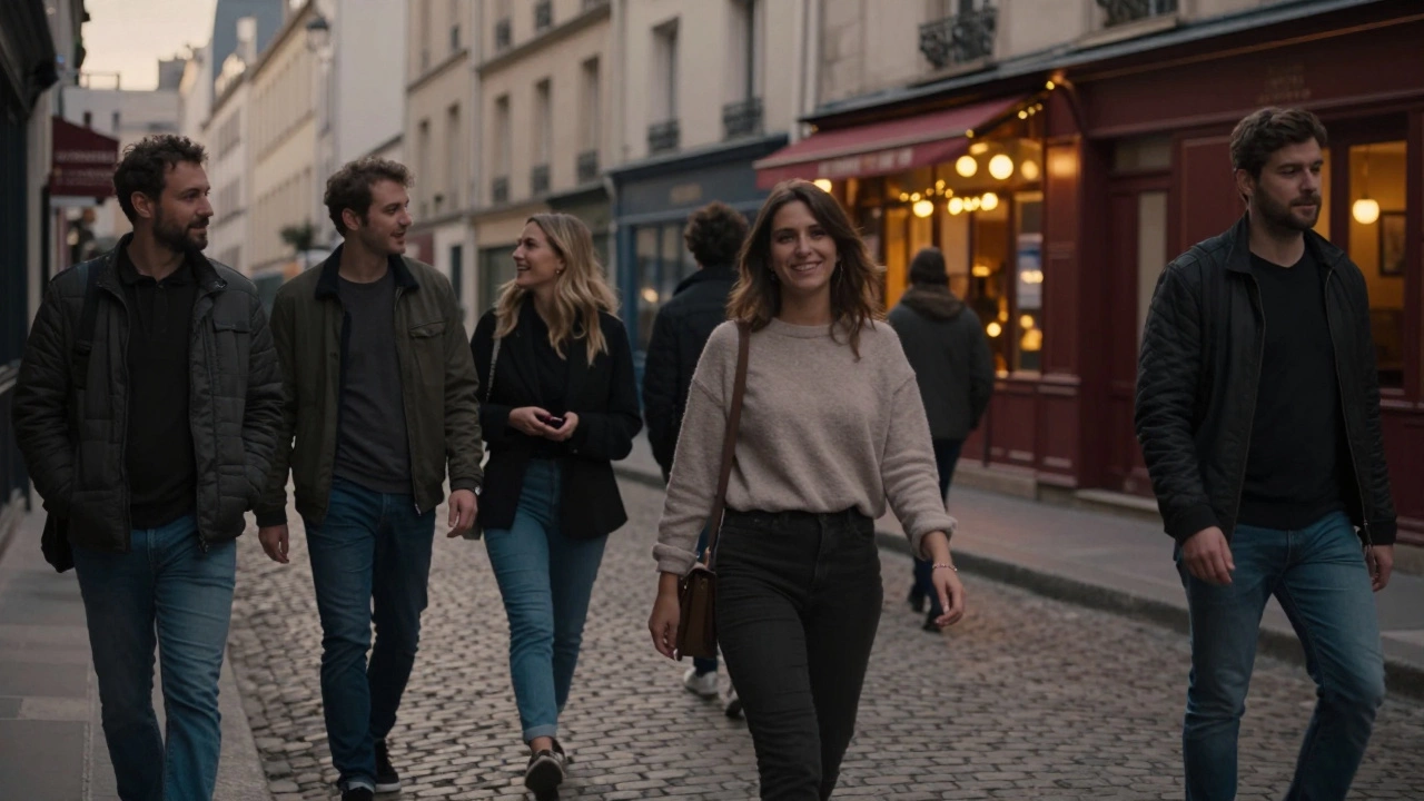 People walking peacefully in a Paris street at dusk, radiating quiet confidence and connection.