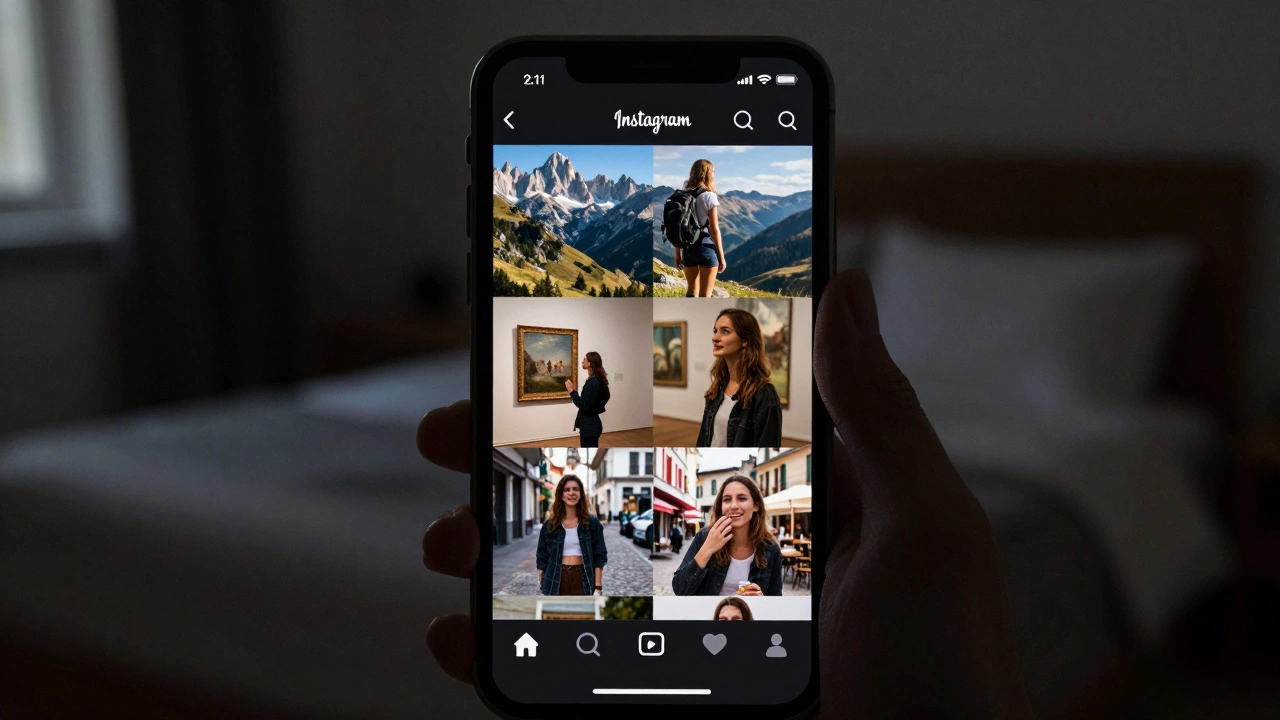 Phone screen showing a lifestyle-focused Instagram profile with art, hiking, and café photos.